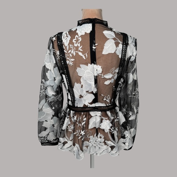 Gracia Black & White Floral Embroidered Long Sleeve Mesh Peplum Top L - Picture 8 of 16